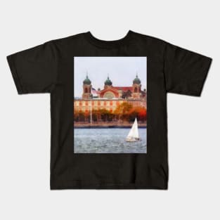 Manhattan NY - Sailboat by Ellis Island Kids T-Shirt